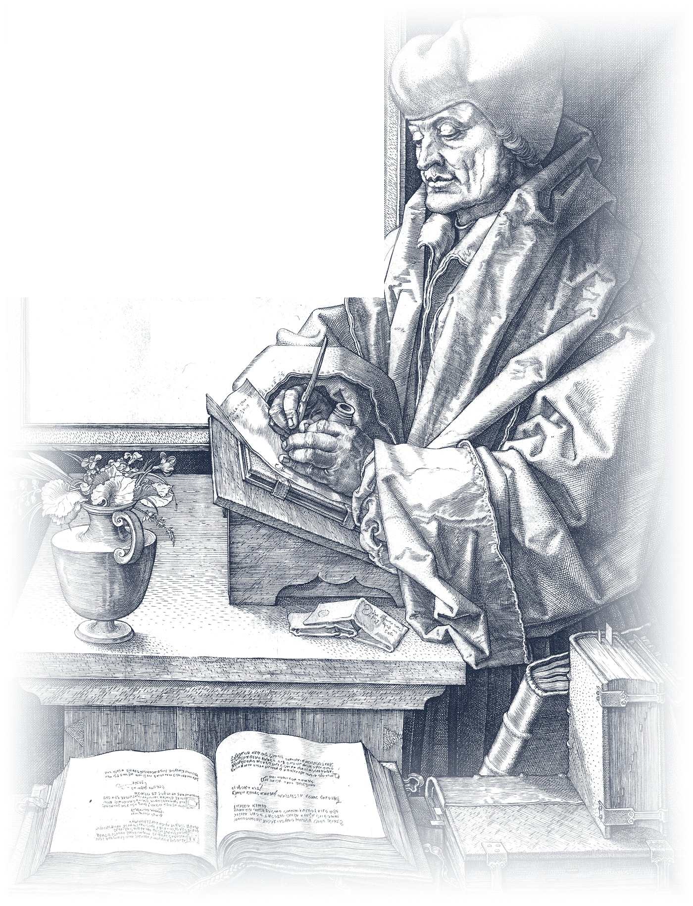 Gravura de Albrecht Dürer, de 1526: Erasmo de Roterdã escrevendo com uma pena, entre livros
