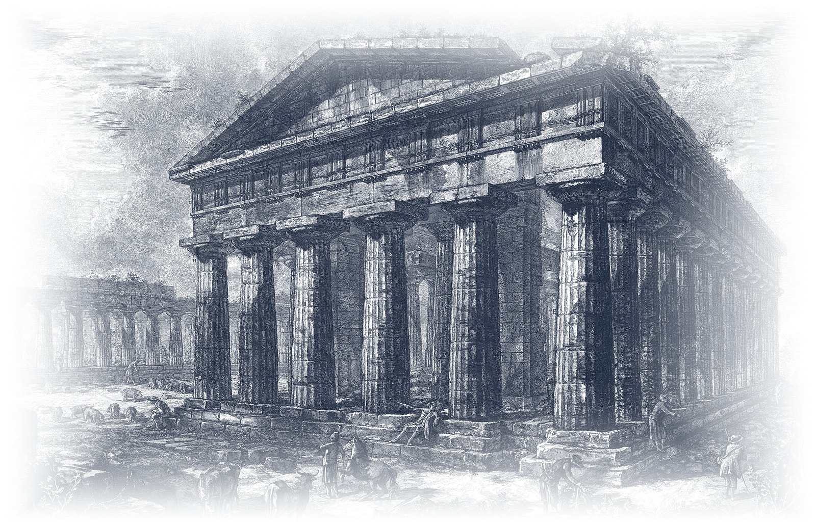 Gravura de Piranesi: o templo de Netuno em Paestum, com colunas dóricas